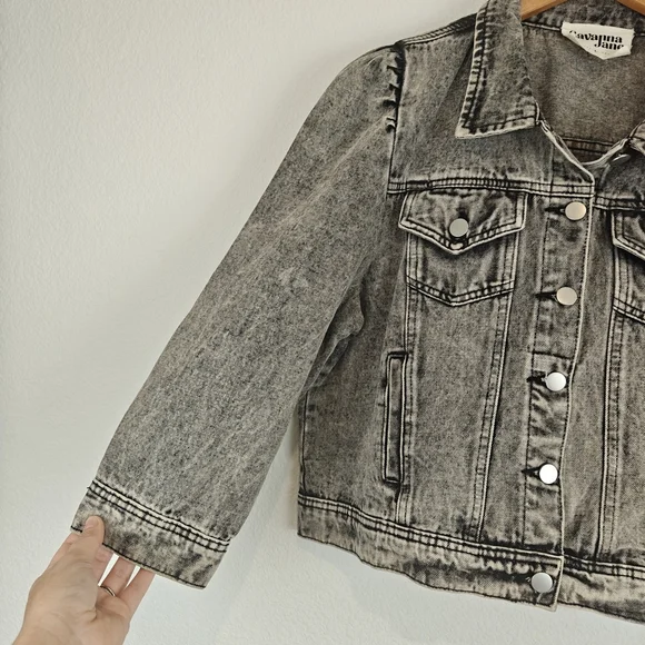 Savanna Jane Nwot Puff Sleeve Denim Cropped Jacket In Black Acid Wash Size LG - Picture 4 of 12